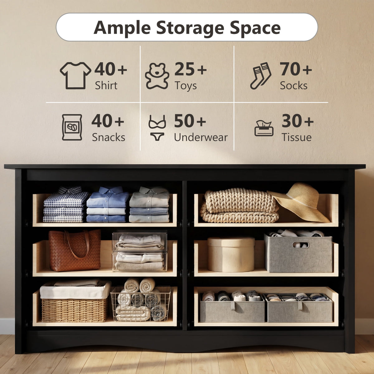 Elladera 6 Drawer Dresser for Bedroom, 47'' Wide Wood Double Chest of Drawers with