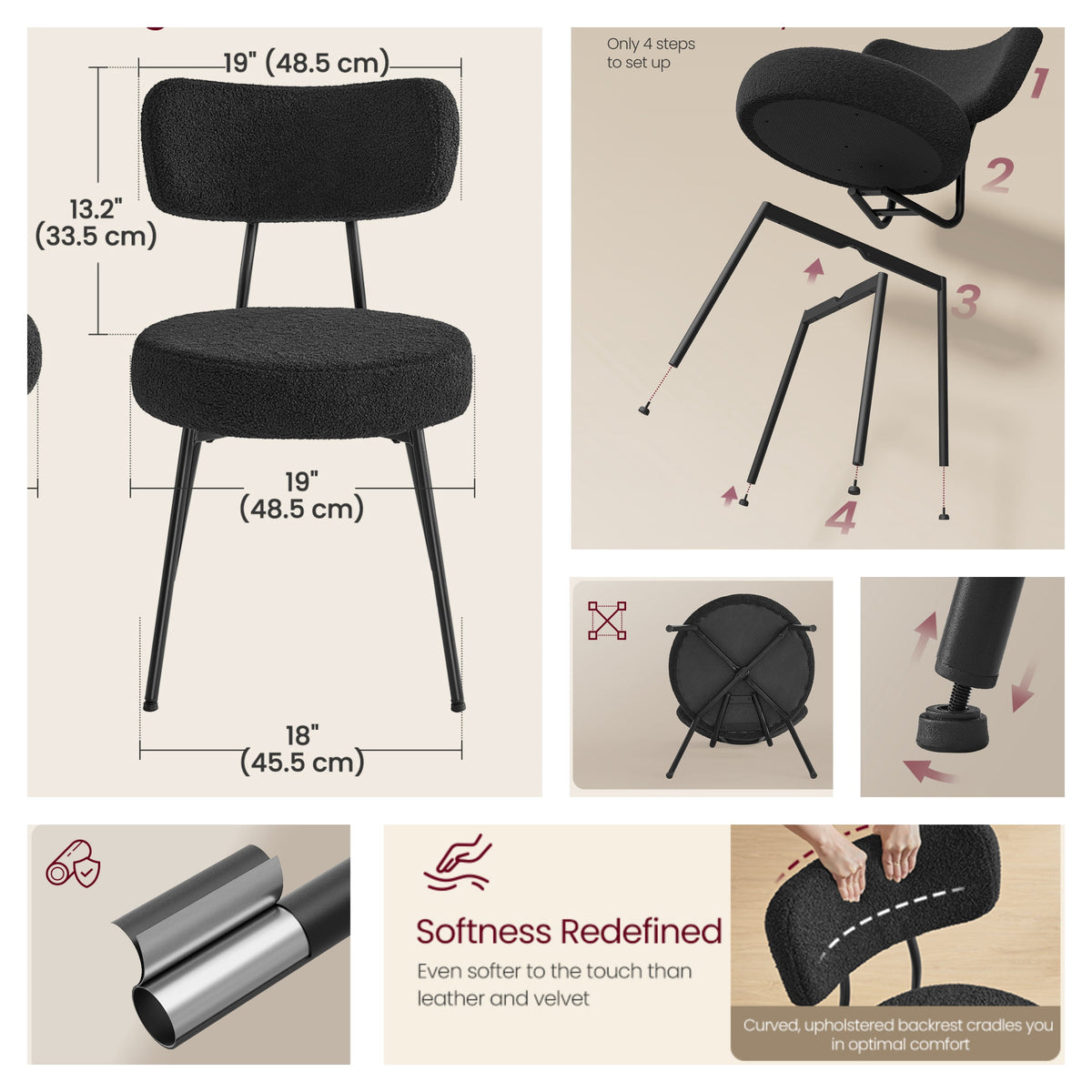 Elladera LEDREM 2-Pack Boucle Dining Chairs- Modern Curved Backrest, 265lb
