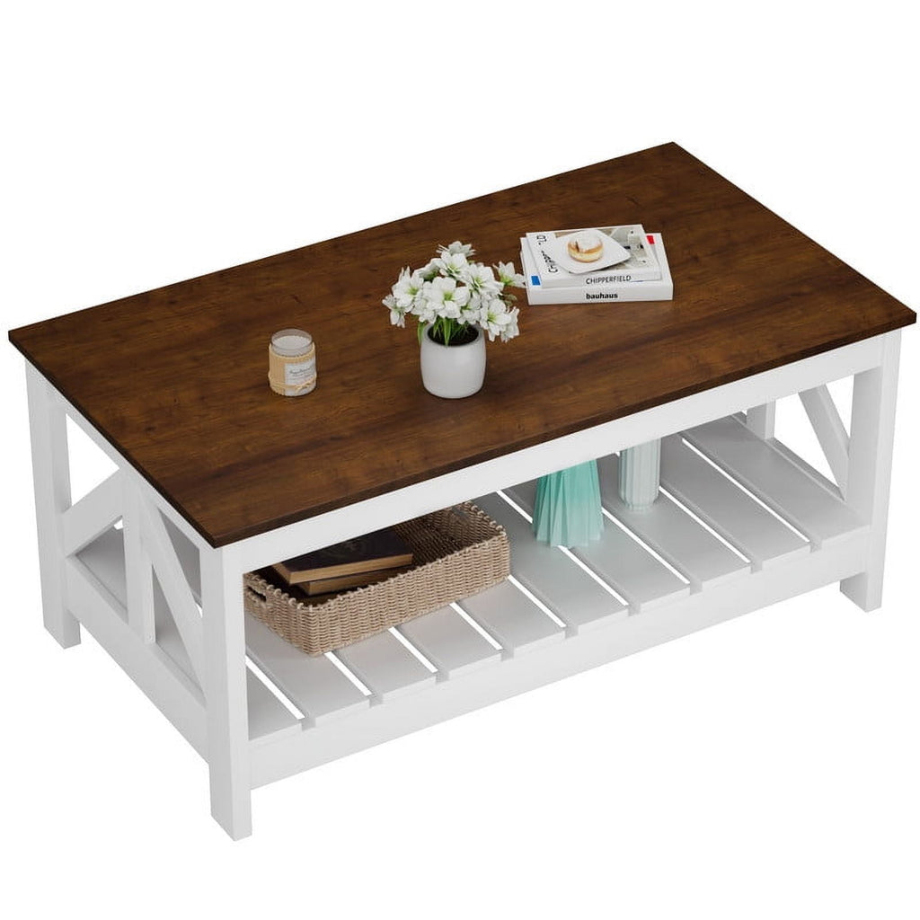 Elladera 39" 2-Tier Farmhouse Coffee Table Wood Center Table with Storage Shelf for