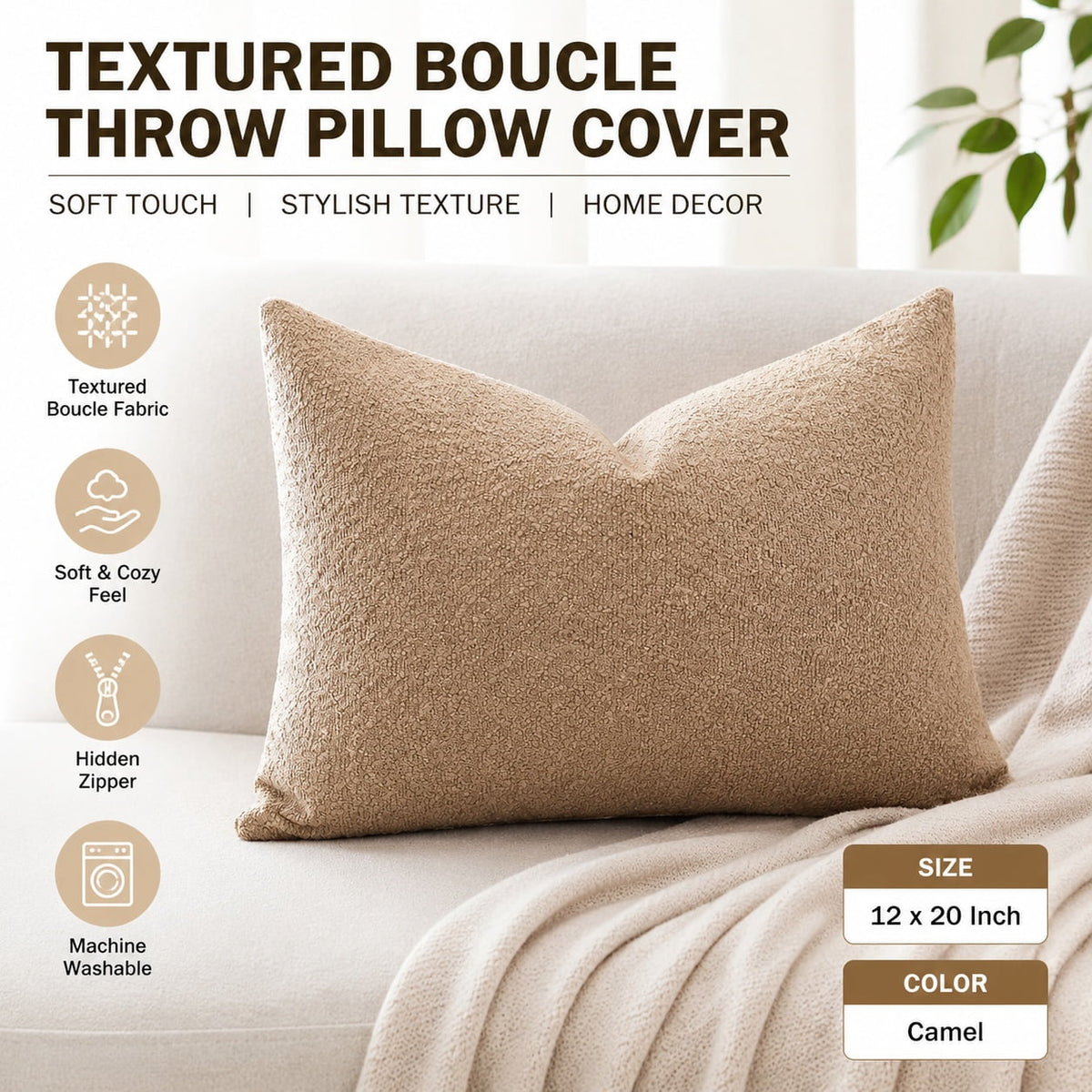 Elladera Set of 1 Textured Boucle Throw Pillow Cover, Square Cozy Soft Decorative