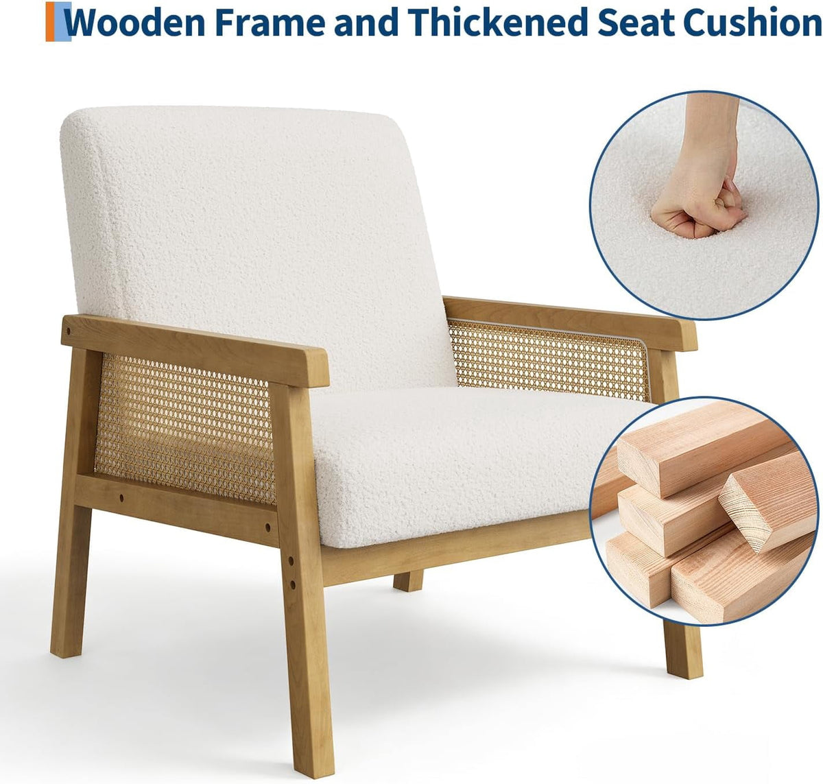 Elladera Boucle Accent Chair, Rattan Armchair with Wooden Frame, High Back