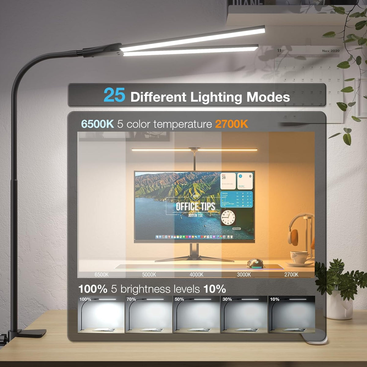 Elladera LED Desk Lamps for Home Office, Double Head Monitor Light- Flexible Hose,