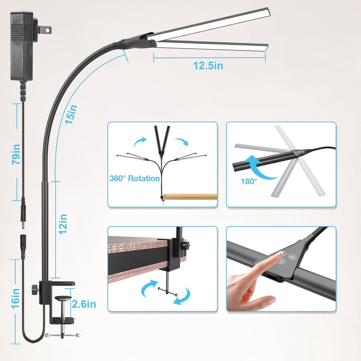 Elladera LED Desk Lamps for Home Office, Double Head Monitor Light- Flexible Hose,