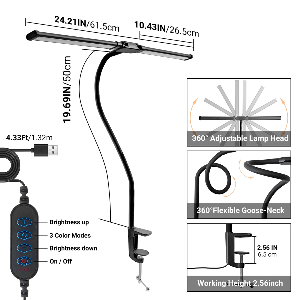 Elladera LED Clip-on Desk Lamp, Double Head Reading Light, Dimmable USB Port Desk