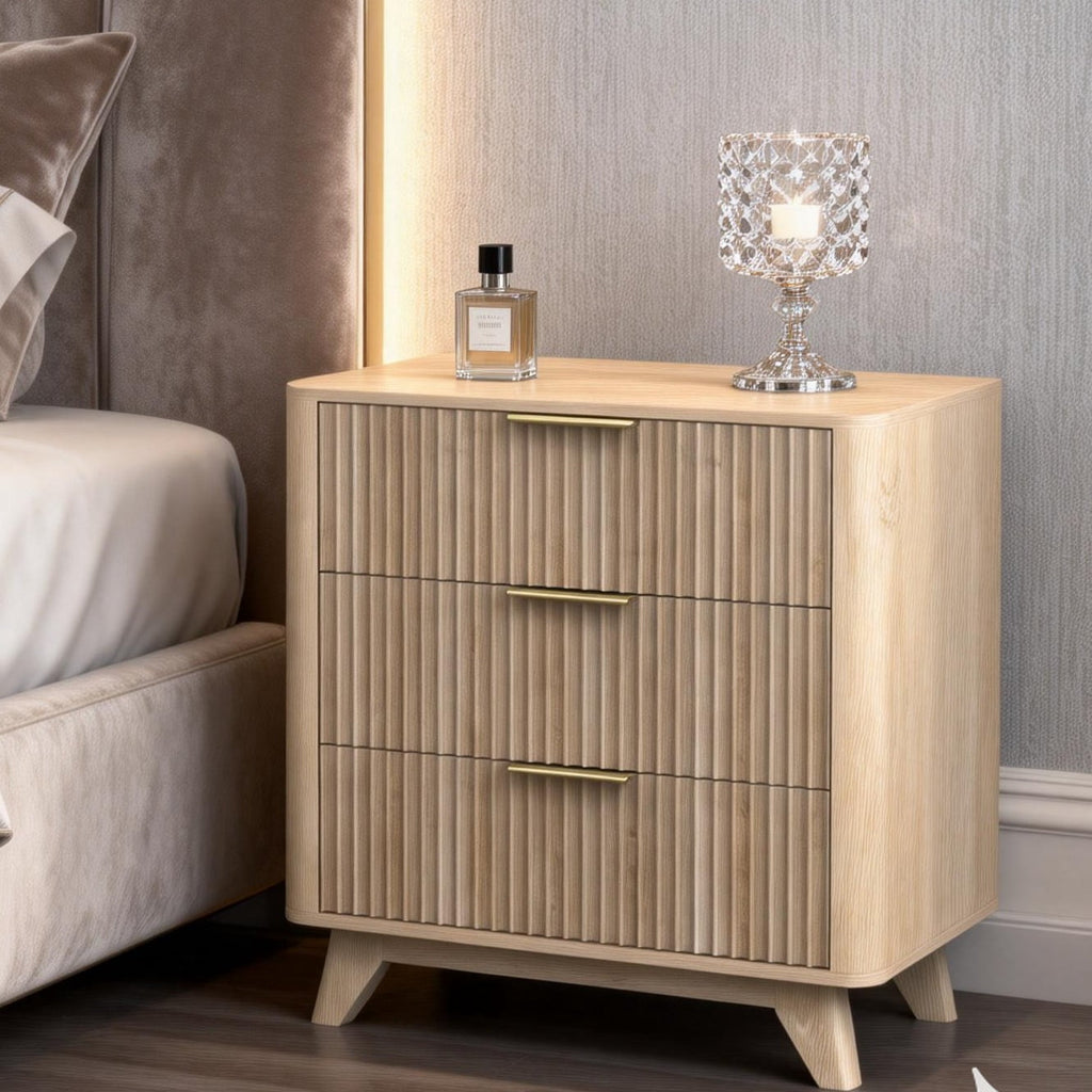 Elladera Solid Wood 3 Drawer Nightstand Fluted Bedside Table End Table, Oak