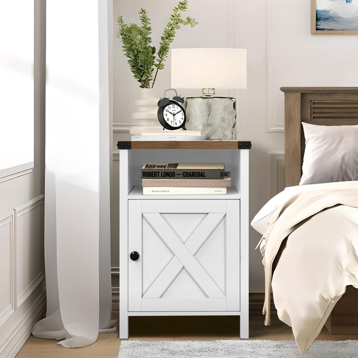Elladera 4 EVER WINNER Farmhouse Barn Door Side Table Set of 2, Cream White End