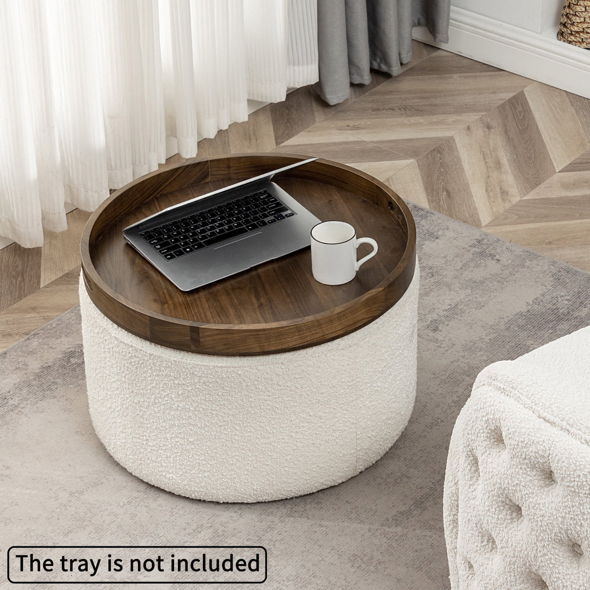 Elladera Modern Round Boucle Upholstered Ottoman with Soft Padded Seat