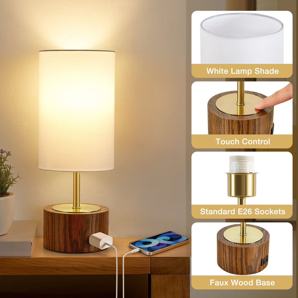 Elladera NATYSWAN Bedside Table Lamps Set of 2,Touch Control Nightstand Lamp with