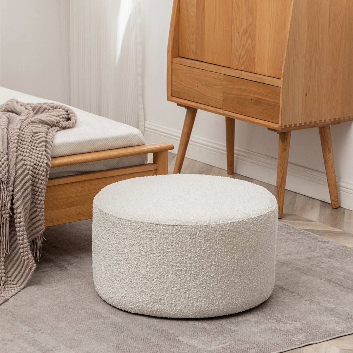 Elladera Modern Round Boucle Upholstered Ottoman with Soft Padded Seat