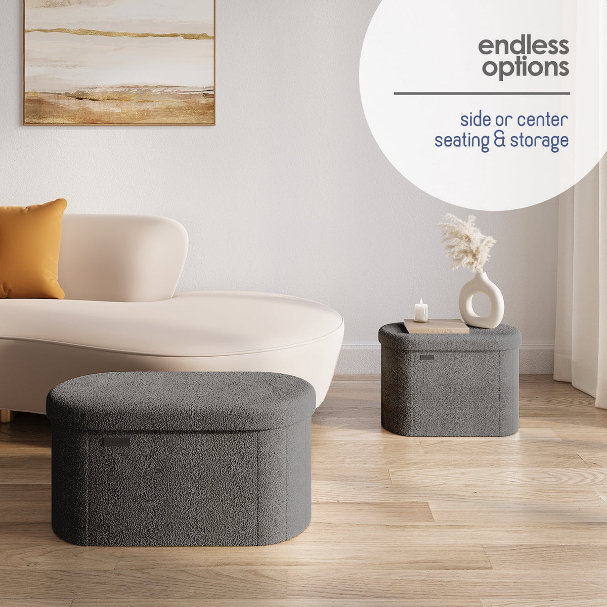 Elladera Hearth & Harbor Oval Storage Ottoman Bench, Boucle 30" Ottoman with