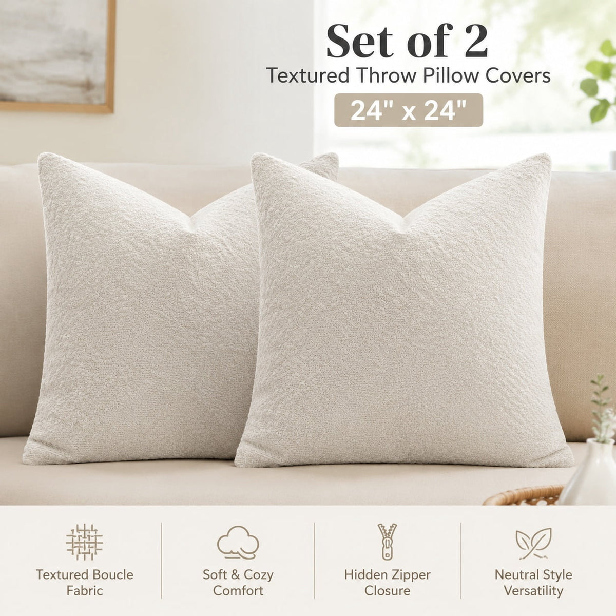 Elladera 24x24 Inch Decorative Euro Sham Pillow Covers Set of 2 Textured Boucle