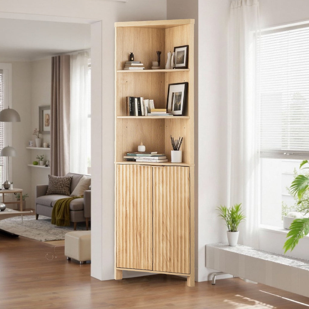 Elladera Corner Bathroom Cabinet with Fluted Double- doors, 5- Tier Freestanding