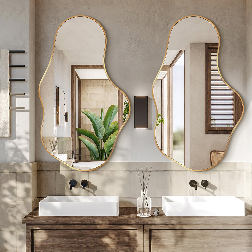 Elladera 26"x43" Wall Mirror Irregular, Gold Asymmetrical Organic Vanity