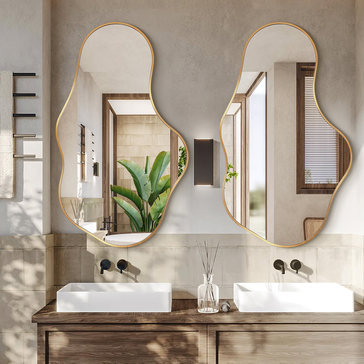 Elladera 26"x43" Wall Mirror Irregular, Gold Asymmetrical Organic Vanity