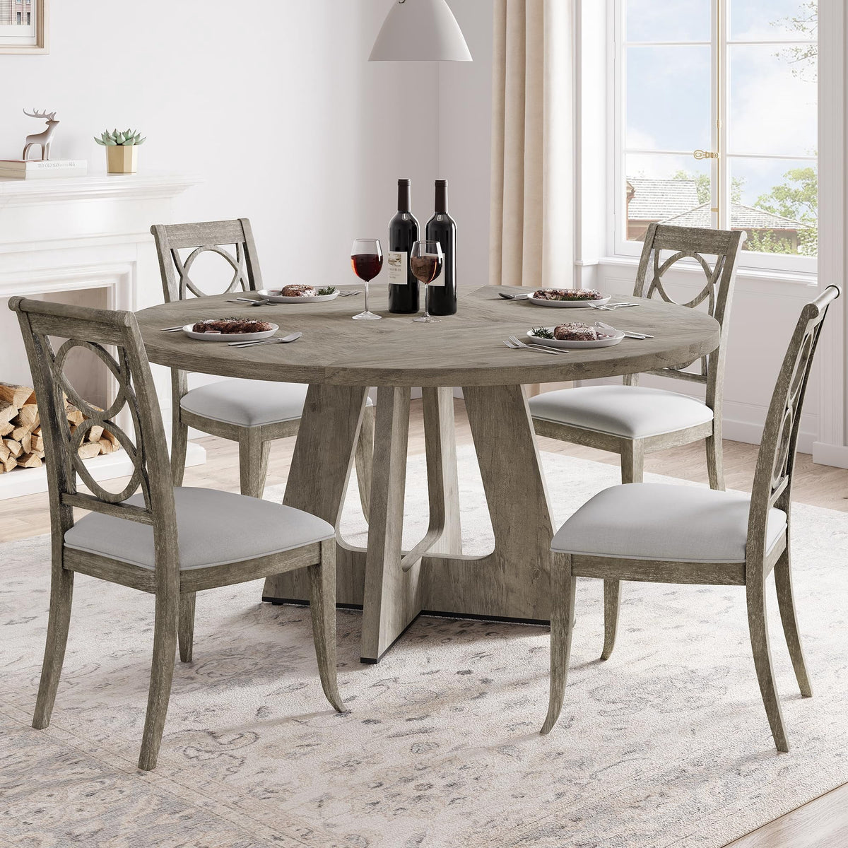 Elladera 47-Inch Round Dining Table for 4, Wooden Pedestal Farmhouse Table, Modern