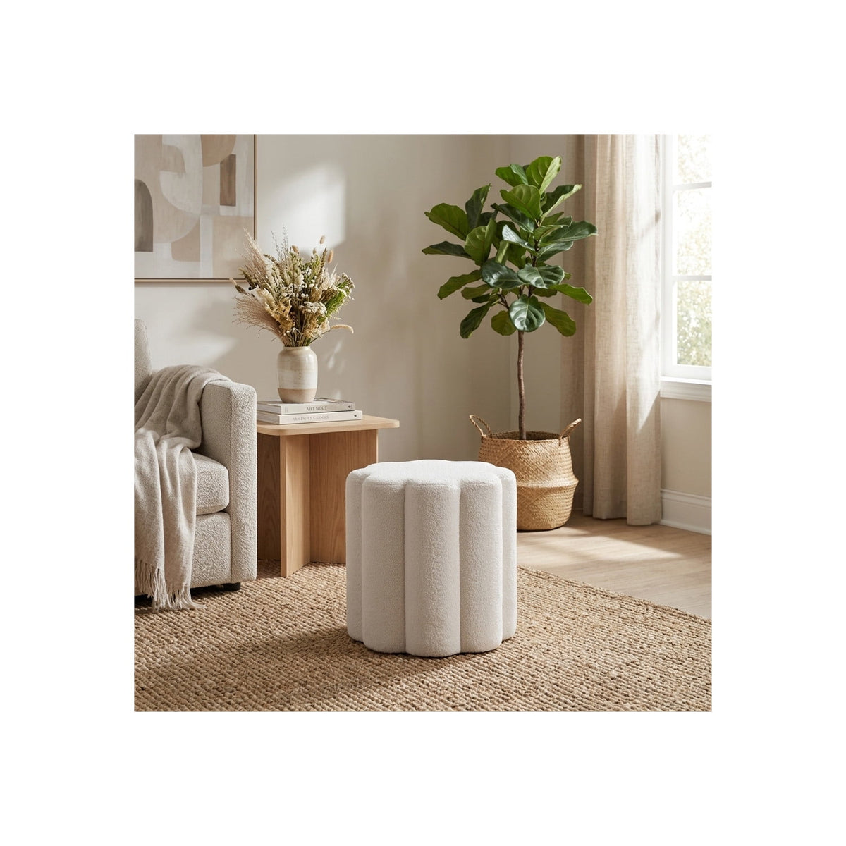 Elladera Petal Shaped Boucle Ottoman for Home Decor- Boho Vanity Chair for Bedroom