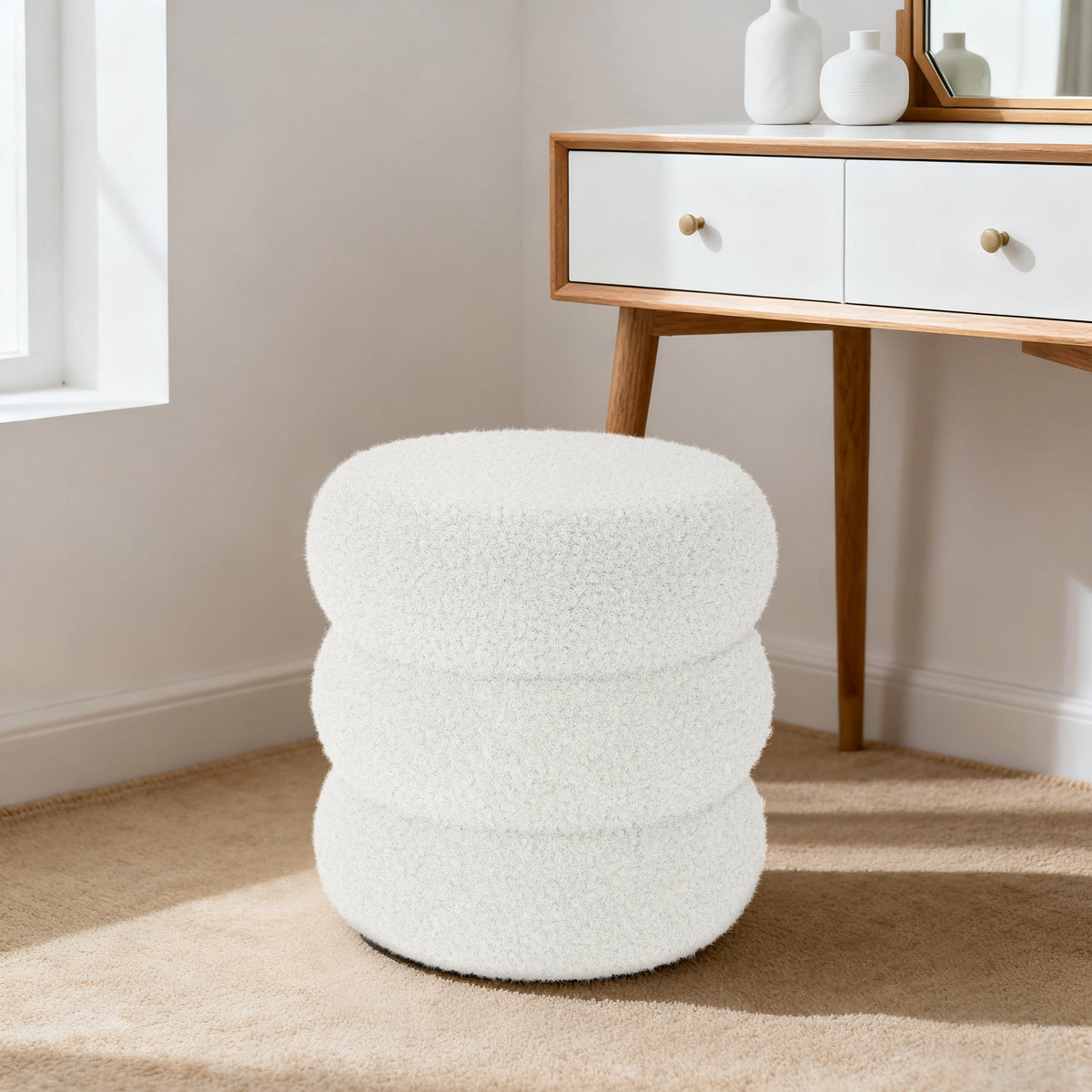 Elladera Round Ottoman with Storage, Plush Teddy Boucle Footstool for Living Room