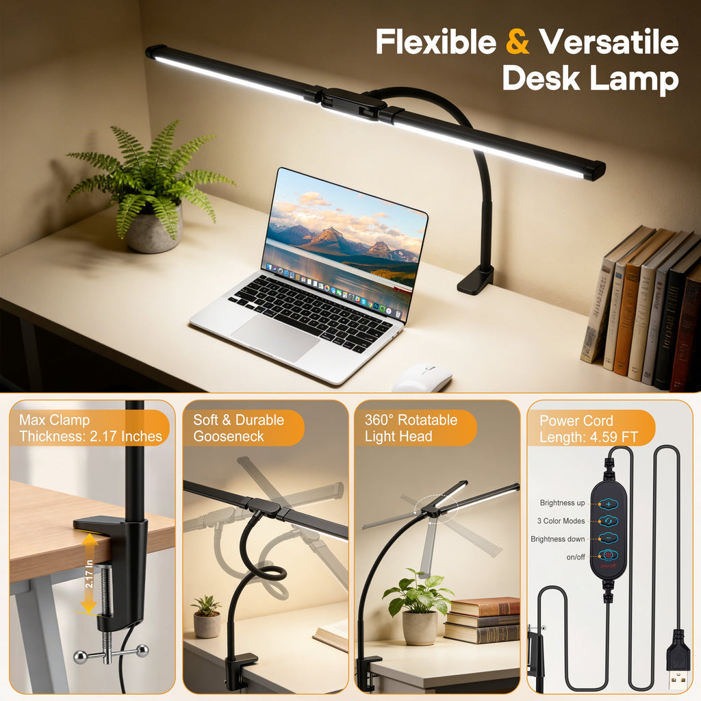 Elladera LED Desk Lamp with Clamp- 24W Dual Monitor Light, Ultra Wide Architect