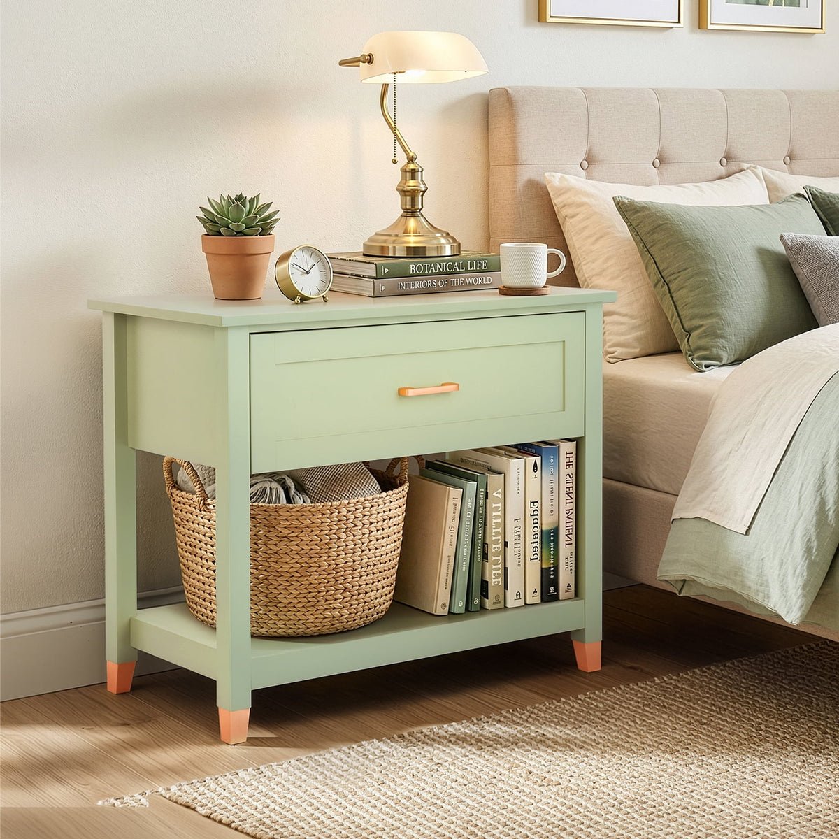 Elladera Solid Wood Nightstand with One Drawer Traditional Cottage Bedside Table, Green