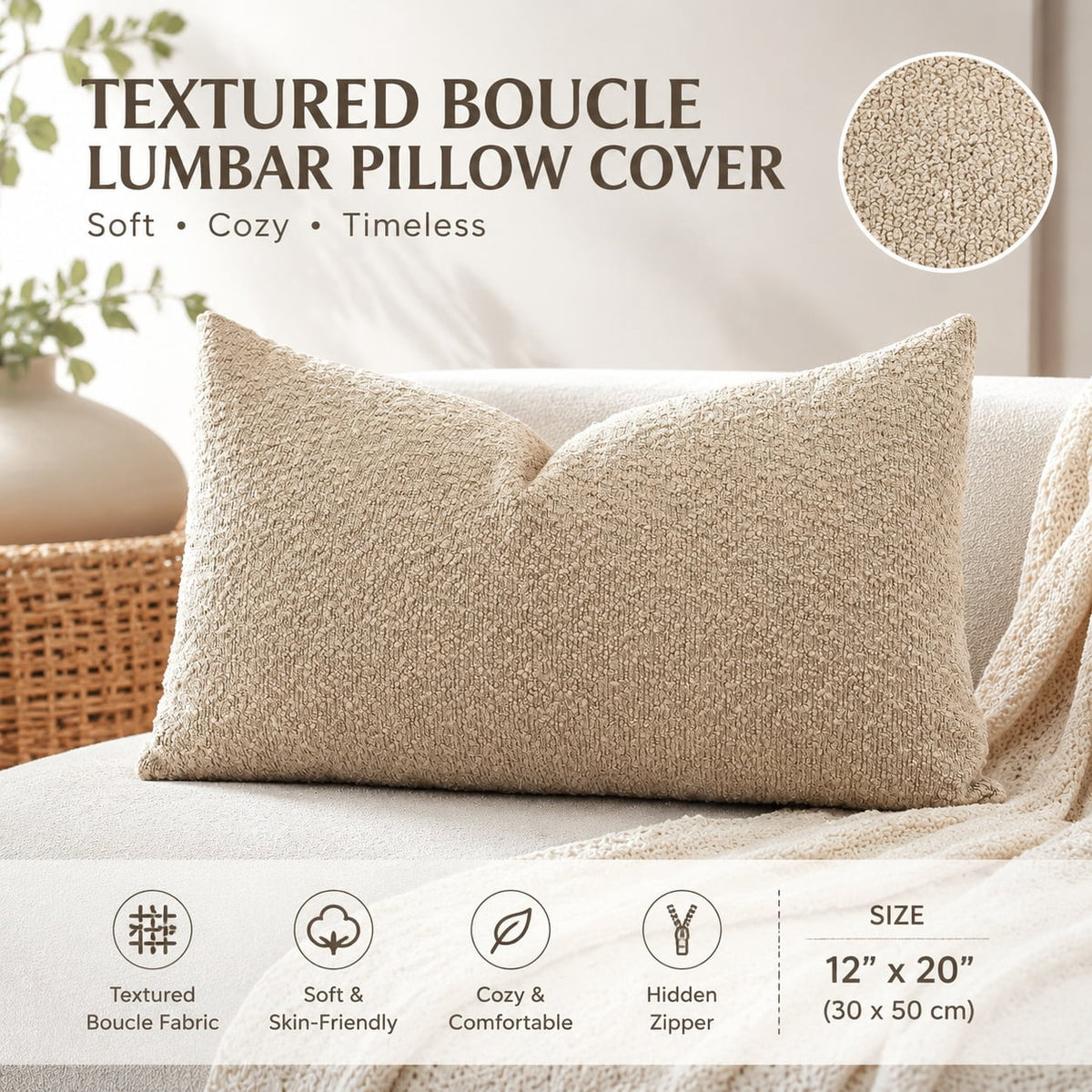 Elladera Set of 1 Textured Boucle Throw Pillow Cover, Square Cozy Soft Decorative