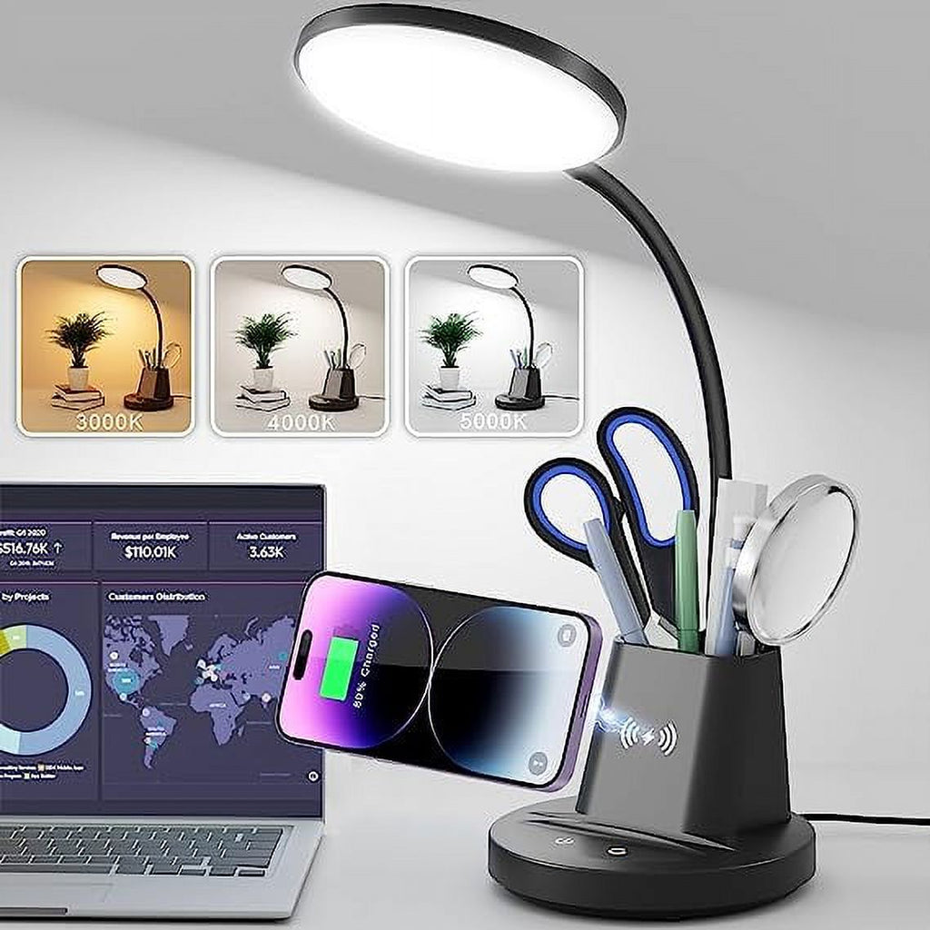 Elladera Sailstar LED Desk Lamp with Wireless Charger & Pen Holder, 3 Color Modes,