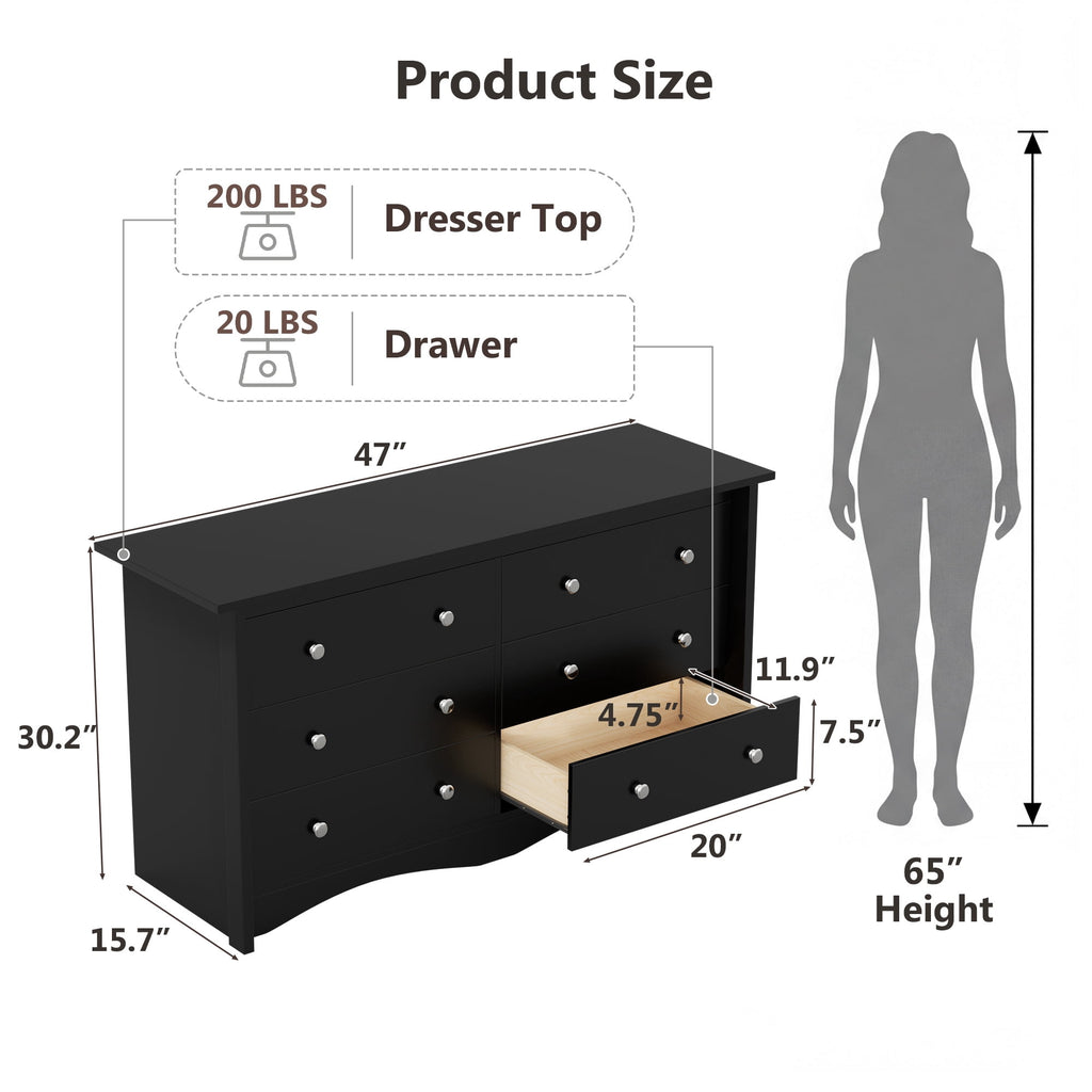 Elladera 6 Drawer Dresser for Bedroom, 47'' Wide Wood Double Chest of Drawers with