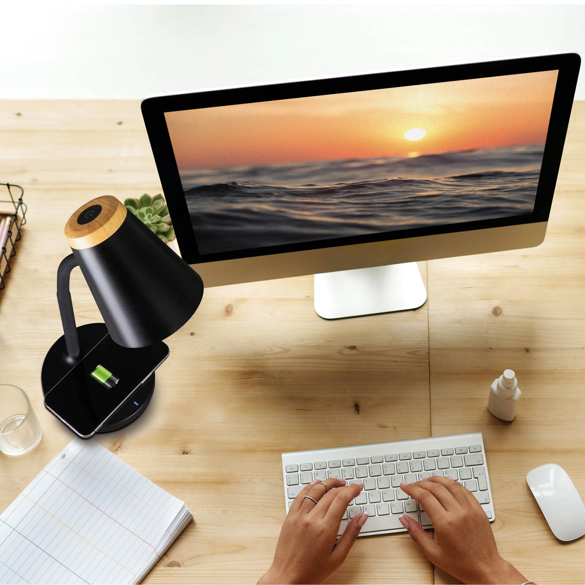 Elladera OttLite Gleam LED Desk Lamp with Wireless Charging, Dimmable, Black with