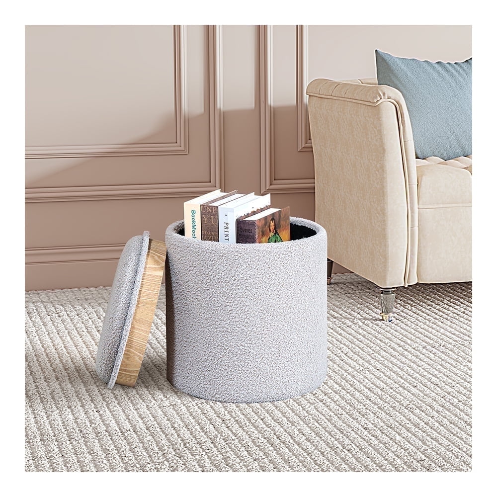 Elladera B FSOBEIIALEO Storage Ottoman Round Boucle Teddy Foot Rest Cube with Wood