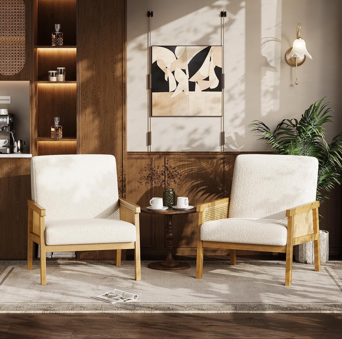 Elladera Boucle Accent Chair, Rattan Armchair with Wooden Frame, High Back