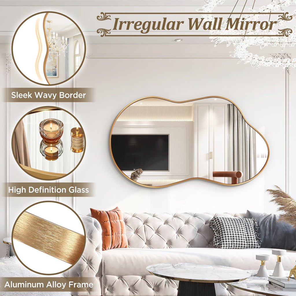 Elladera 24"x36" Irregular Wall Mirror, Cloud Shaped Gold Asymmetrical