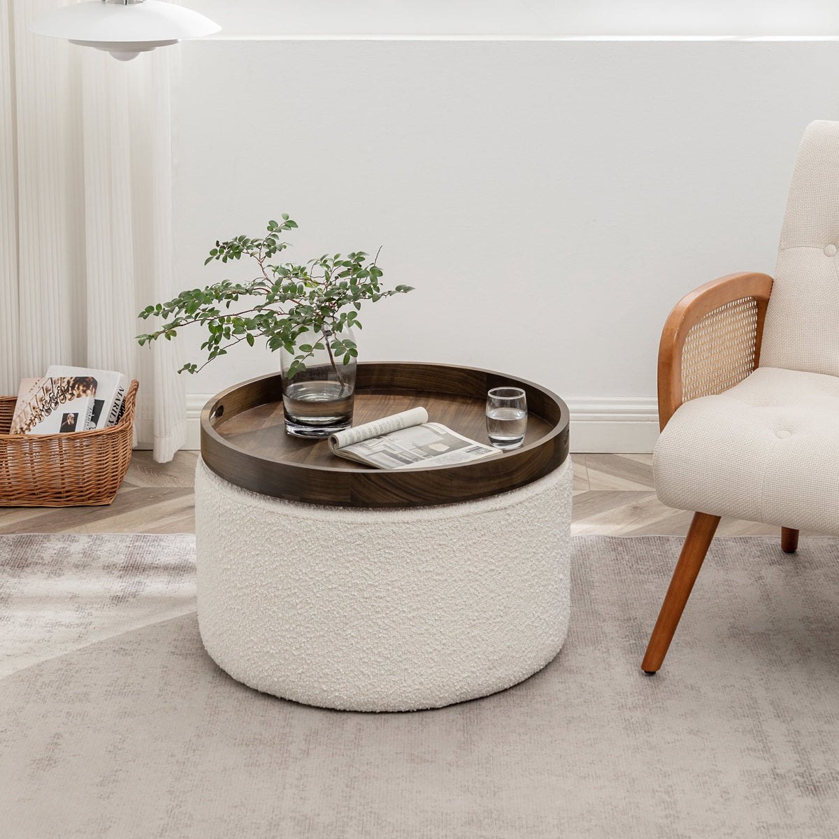 Elladera Modern Round Boucle Upholstered Ottoman with Soft Padded Seat