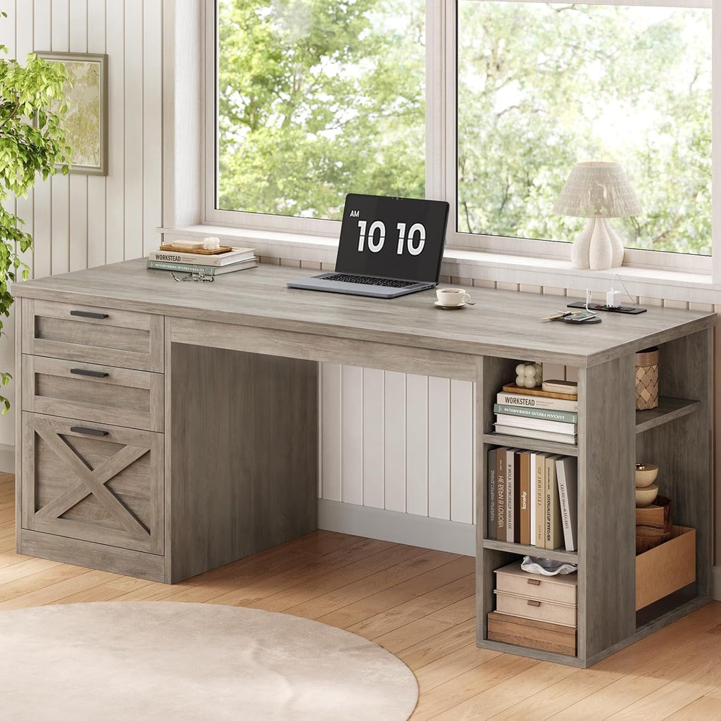 Elladera 55.1" Farmhouse Desk with 3 Drawers & Open Shelves, Home Office Desk with