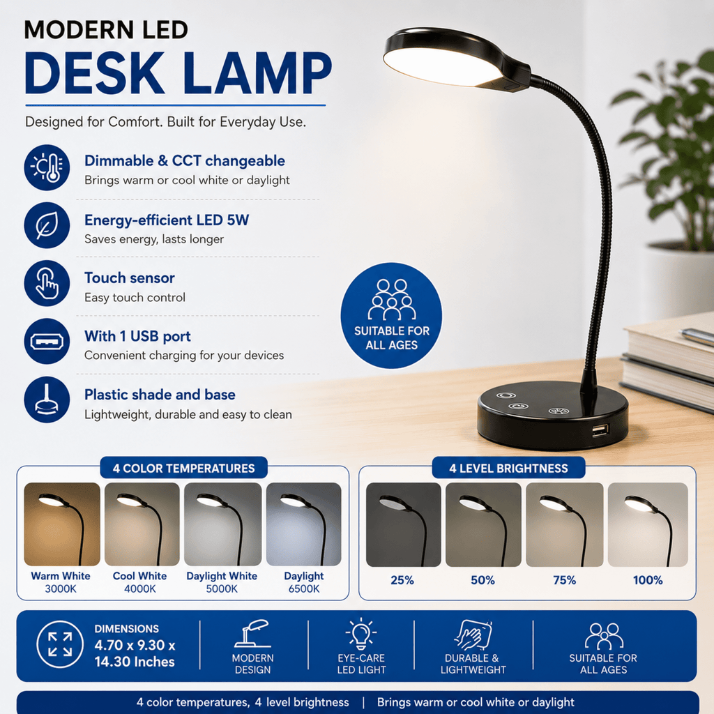 Elladera LED Desk Lamp, 14.3 in, Dimmable Touch Control, Black Finish, 1-Pack