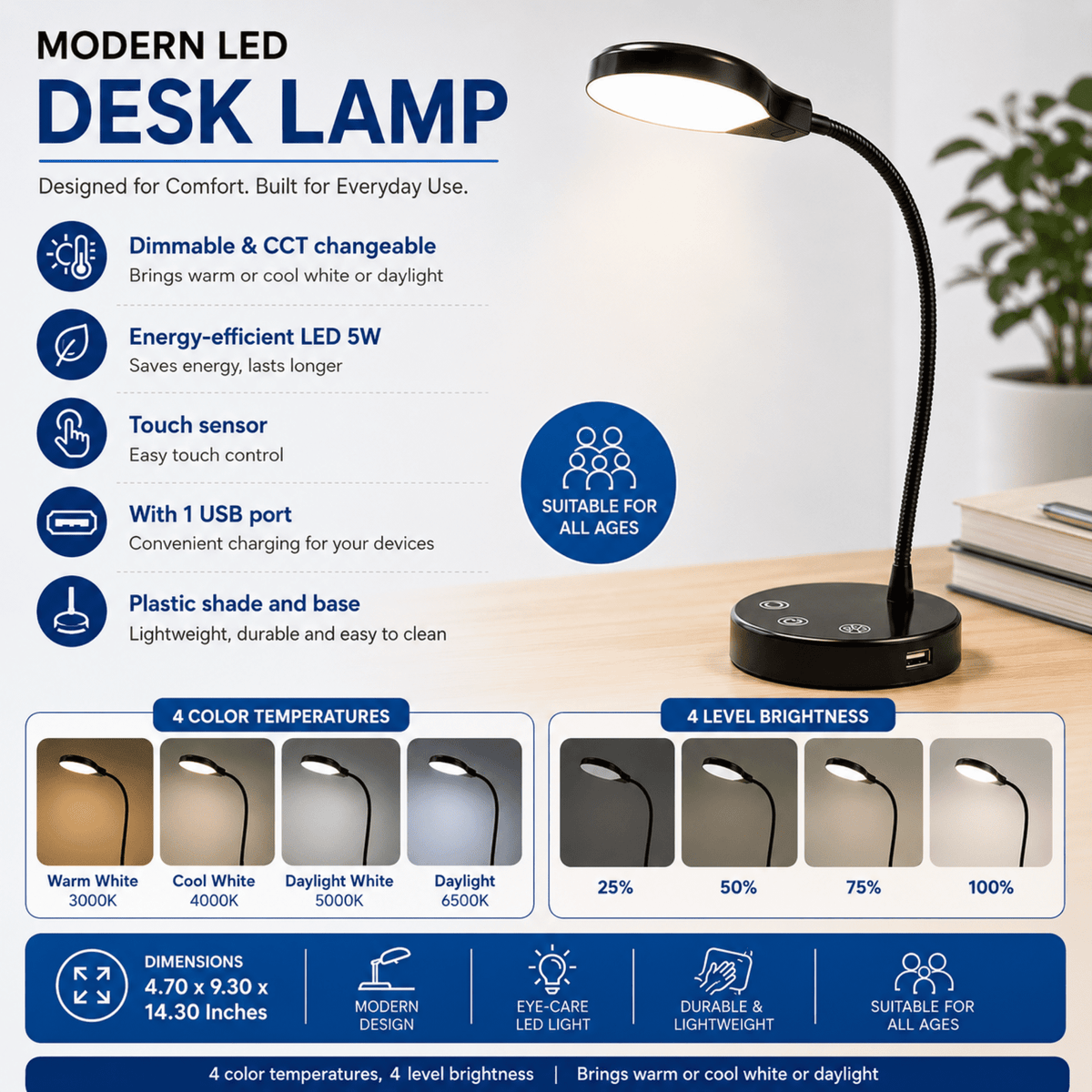 Elladera LED Desk Lamp, 14.3 in, Dimmable Touch Control, Black Finish, 1-Pack