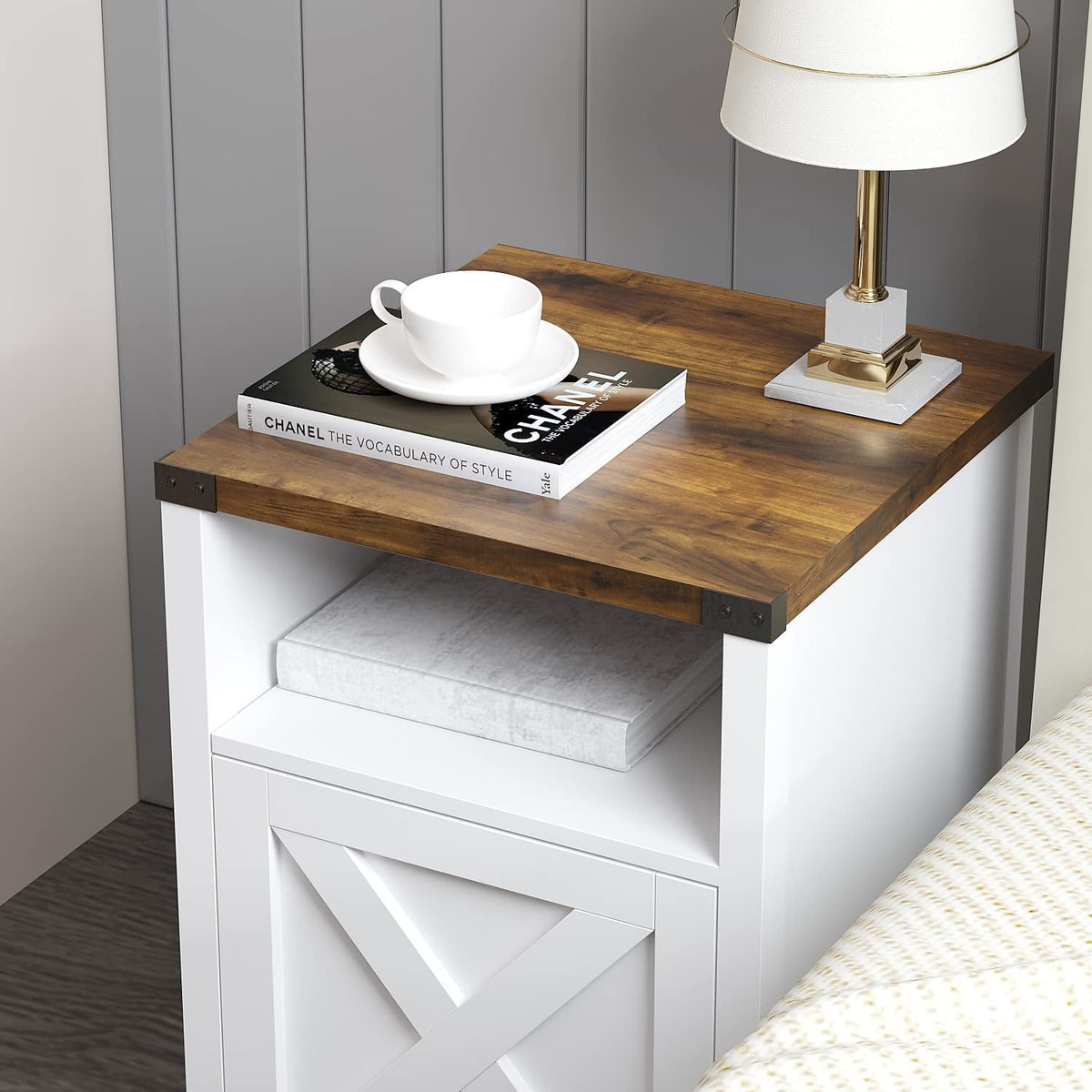Elladera 4 EVER WINNER Farmhouse Barn Door Side Table Set of 2, Cream White End