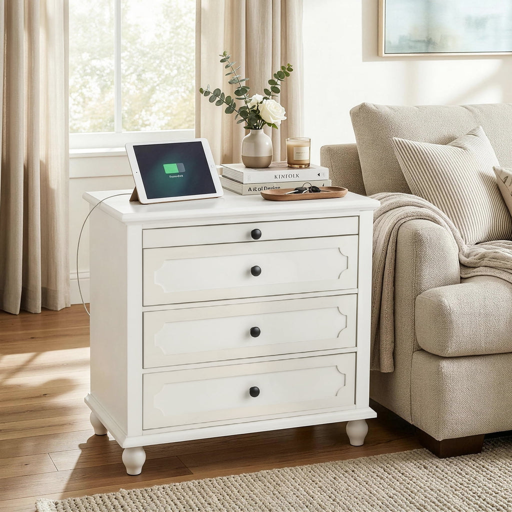 Elladera Solid Wood Nightstand with Outlets & USB Ports, 3 Drawer Traditional