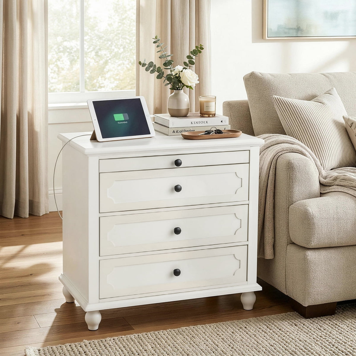 Elladera Solid Wood Nightstand with Outlets & USB Ports, 3 Drawer Traditional