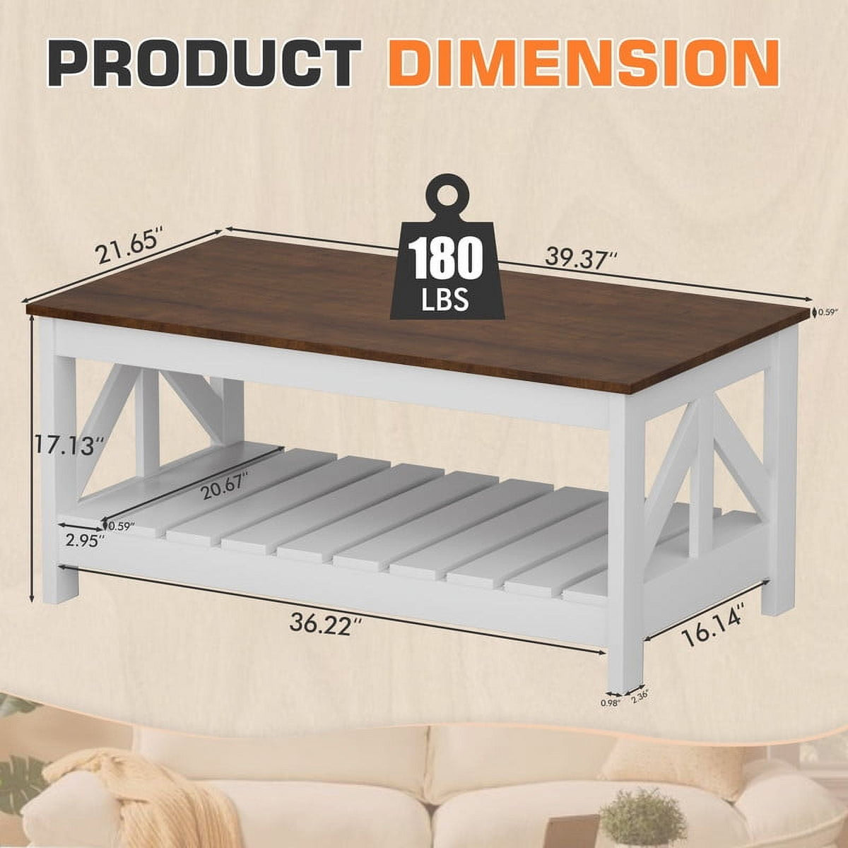 Elladera 39" 2-Tier Farmhouse Coffee Table Wood Center Table with Storage Shelf for
