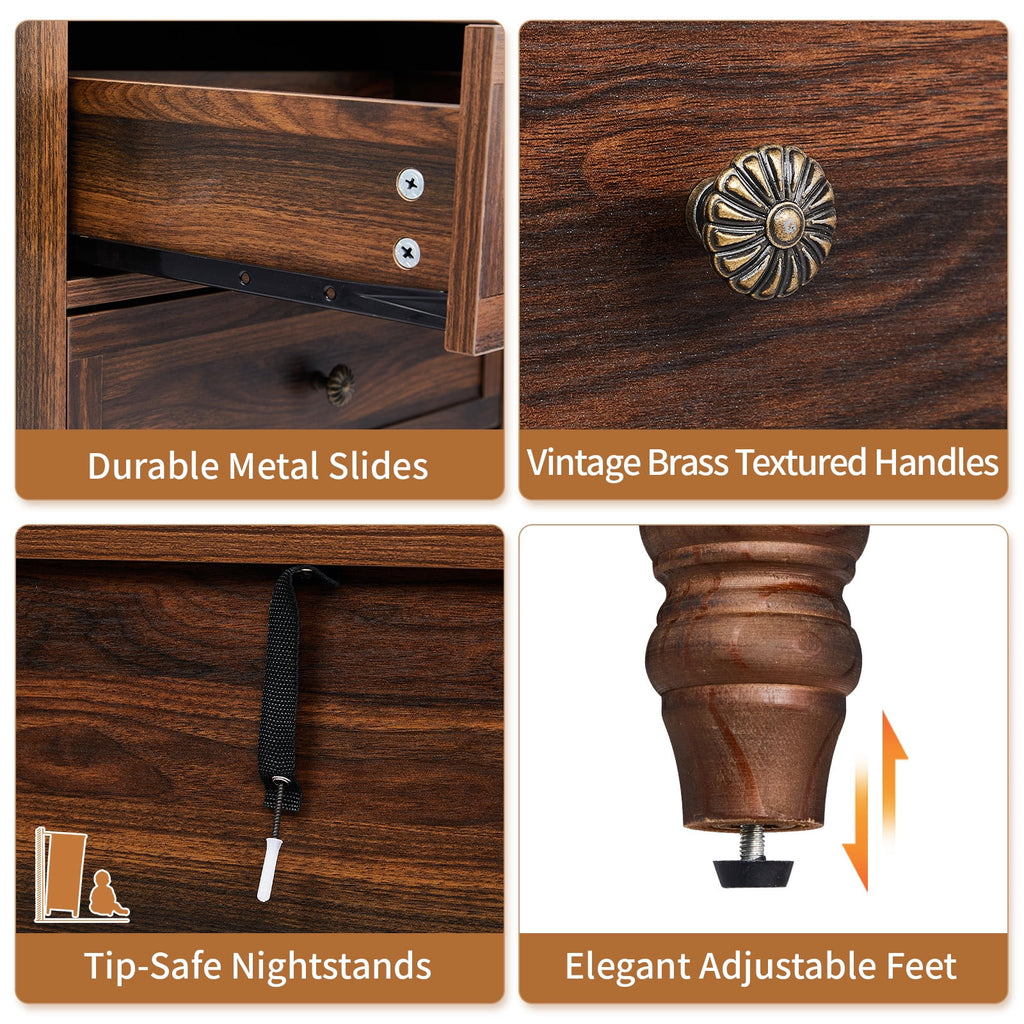 Elladera Solid Wood Nightstand 3 Drawer Traditional Cottage Bedside Table, Brown