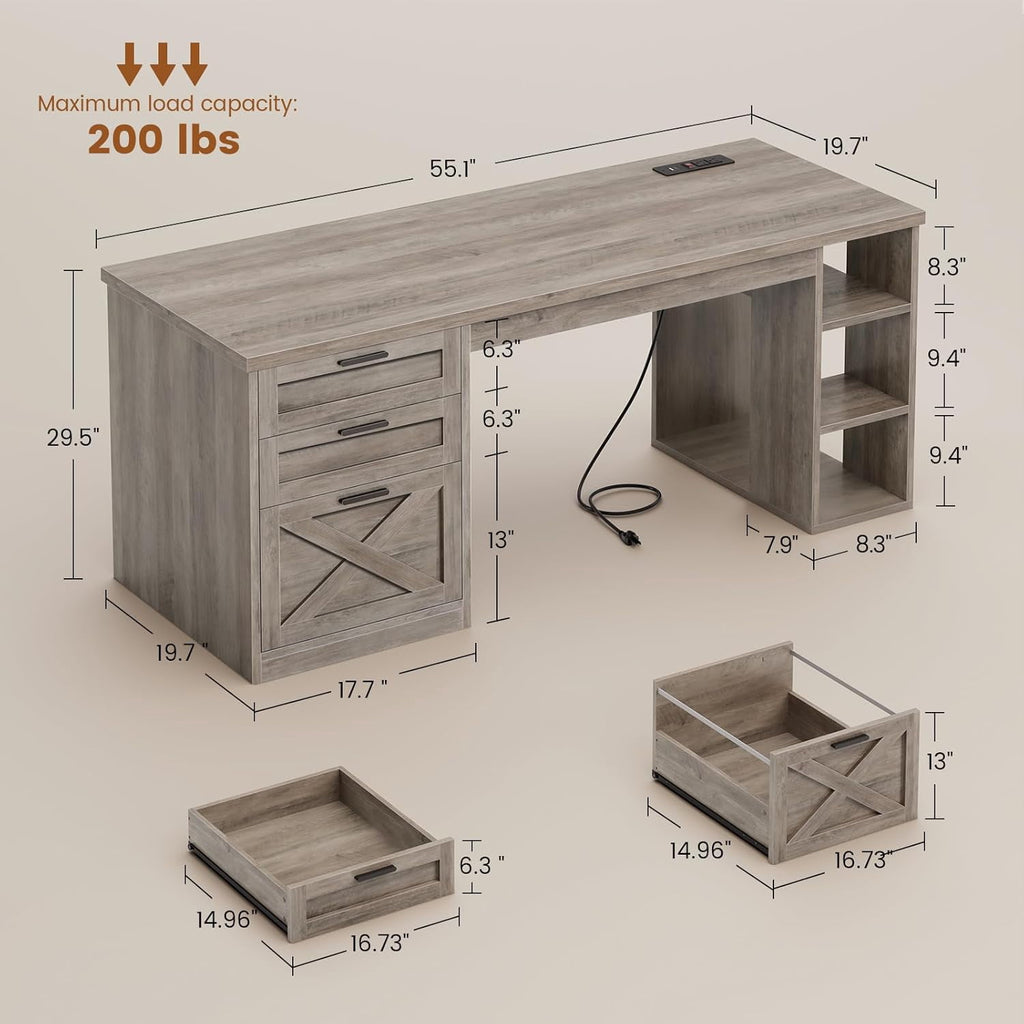 Elladera 55.1" Farmhouse Desk with 3 Drawers & Open Shelves, Home Office Desk with