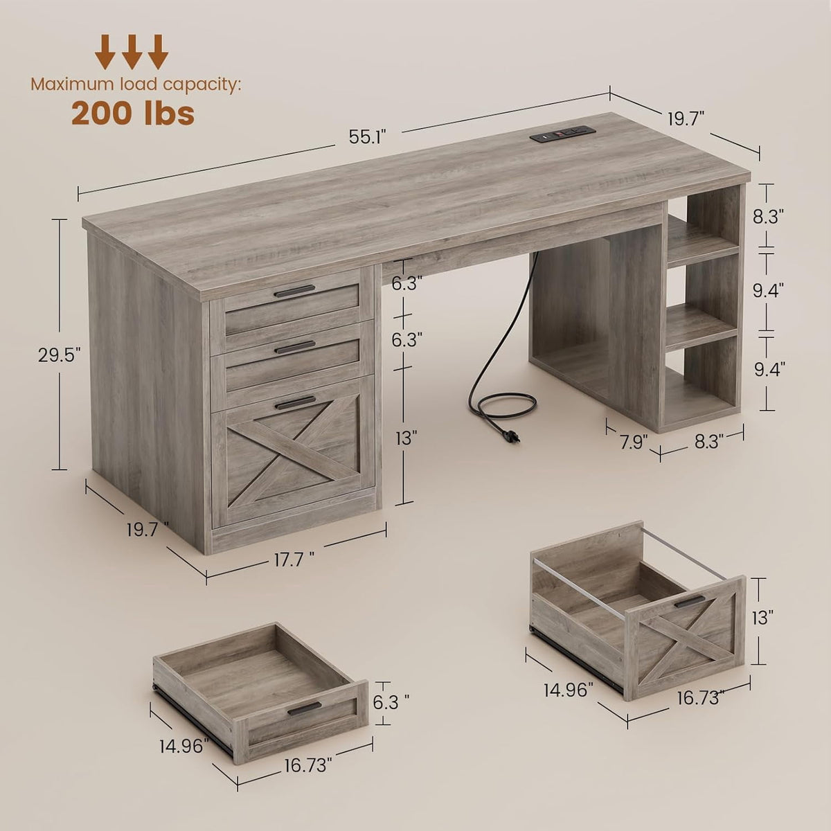 Elladera 55.1" Farmhouse Desk with 3 Drawers & Open Shelves, Home Office Desk with
