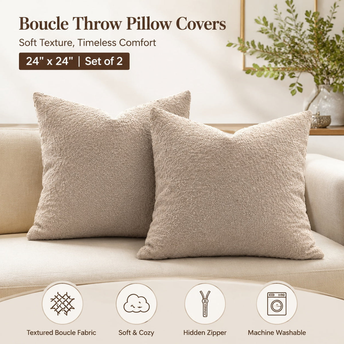 Elladera 24x24 Inch Decorative Euro Sham Pillow Covers Set of 2 Textured Boucle