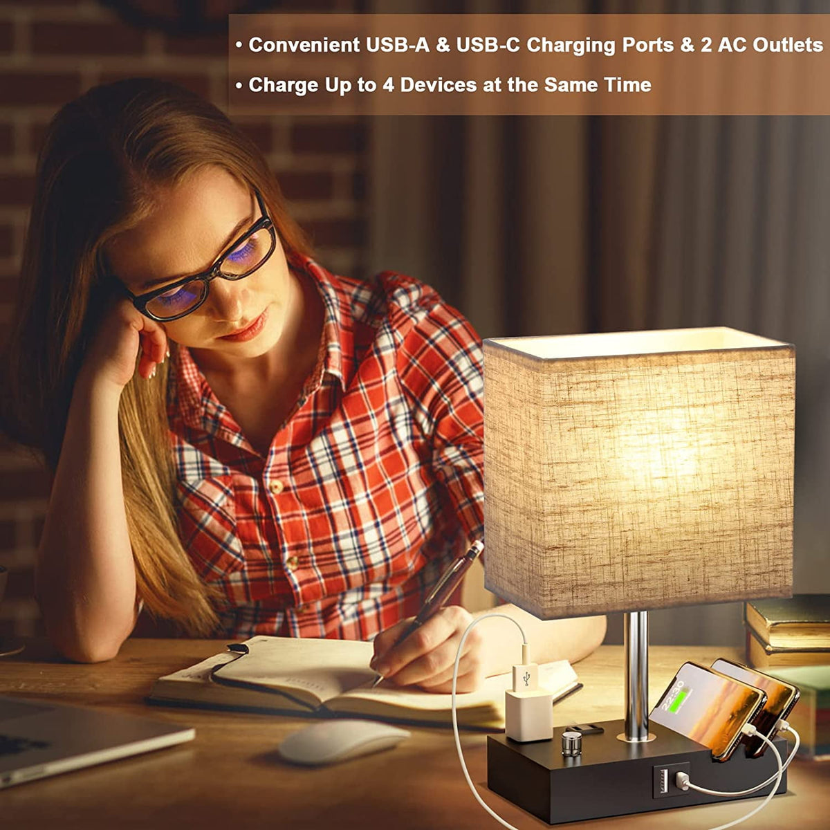 Elladera Bedside Table Lamp for Bedroom with Dual Fast USB Charging Ports, Fully