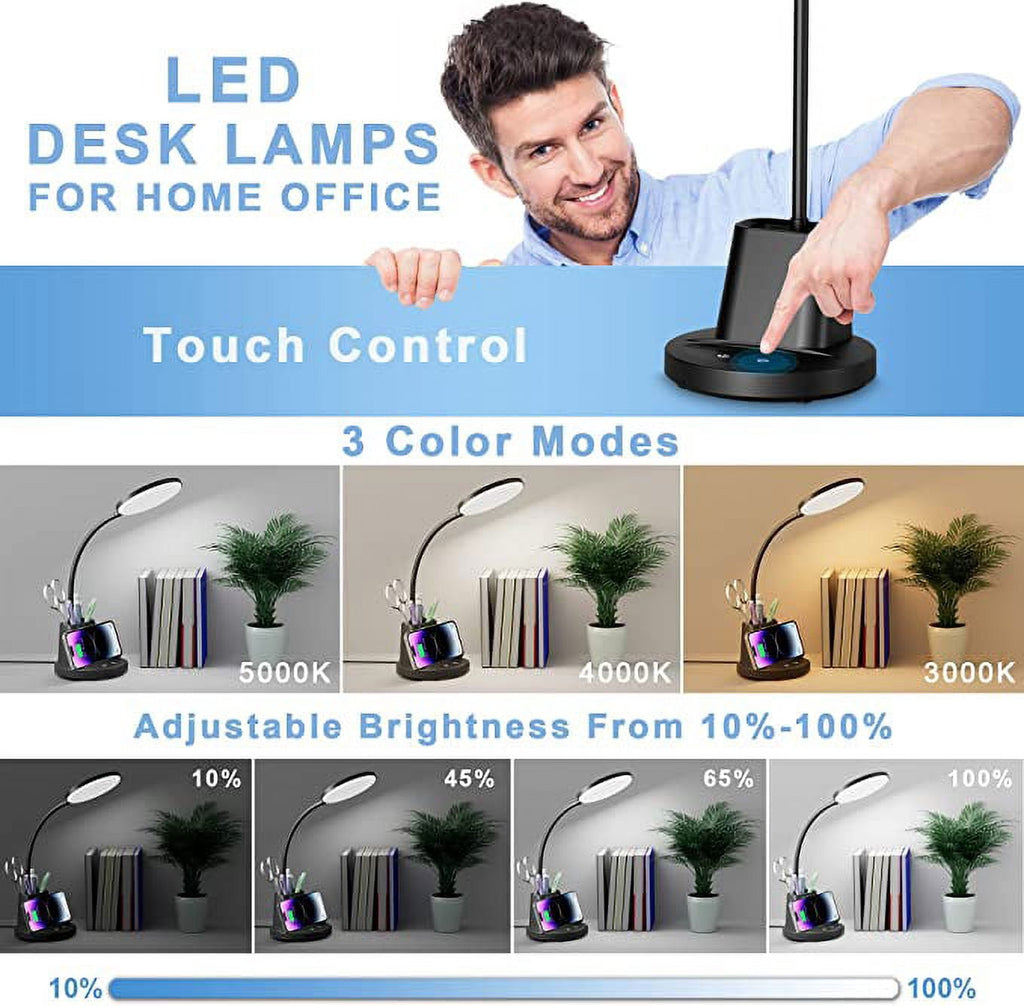 Elladera Sailstar LED Desk Lamp with Wireless Charger & Pen Holder, 3 Color Modes,