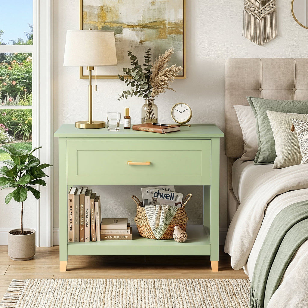 Elladera Solid Wood Nightstand with One Drawer Traditional Cottage Bedside Table, Green
