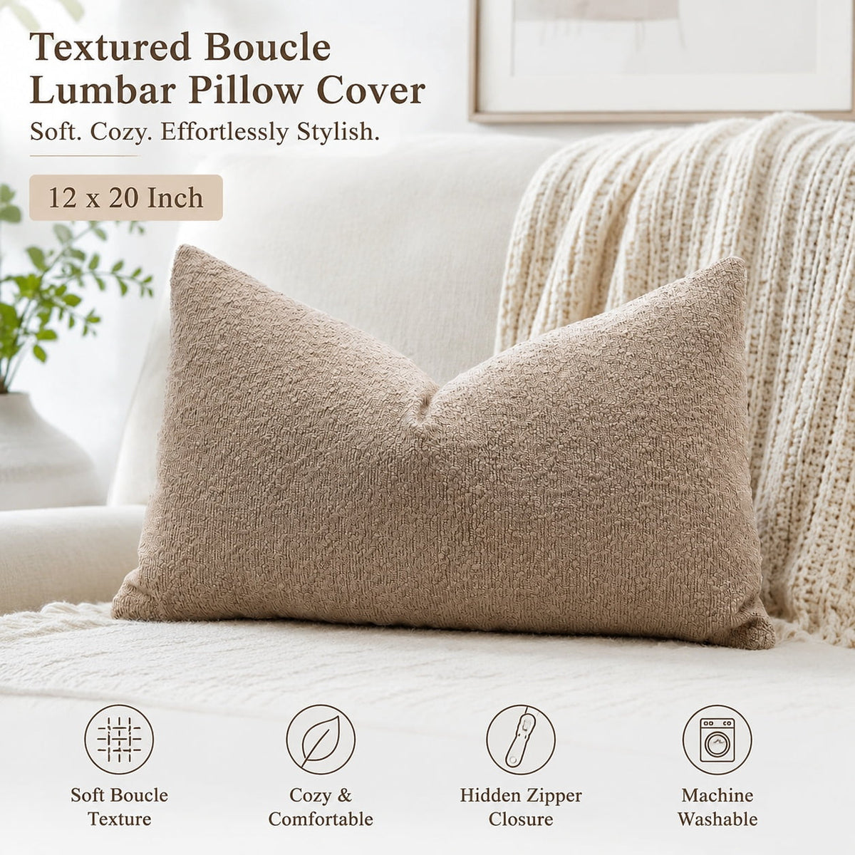 Elladera Set of 1 Textured Boucle Throw Pillow Cover, Square Soft Decorative Couch