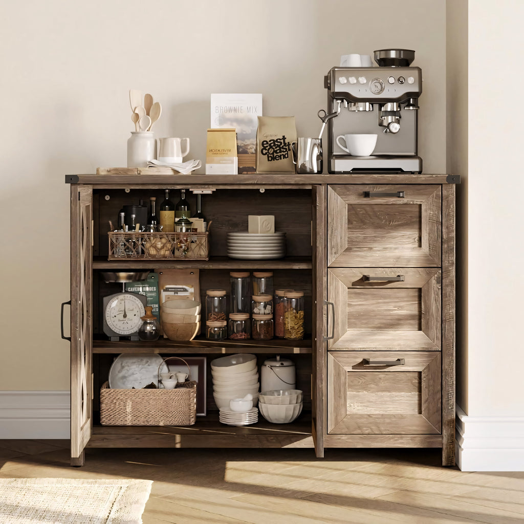 Elladera 43 Inch Farmhouse Sideboard Buffet Cabinet with Drawers and Shelves Light