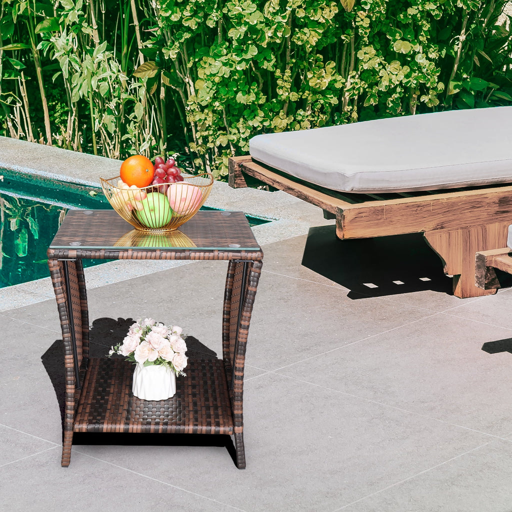 Elladera Side Table Porch Square Side Coffee Table with Glass Top, Rattan End Table