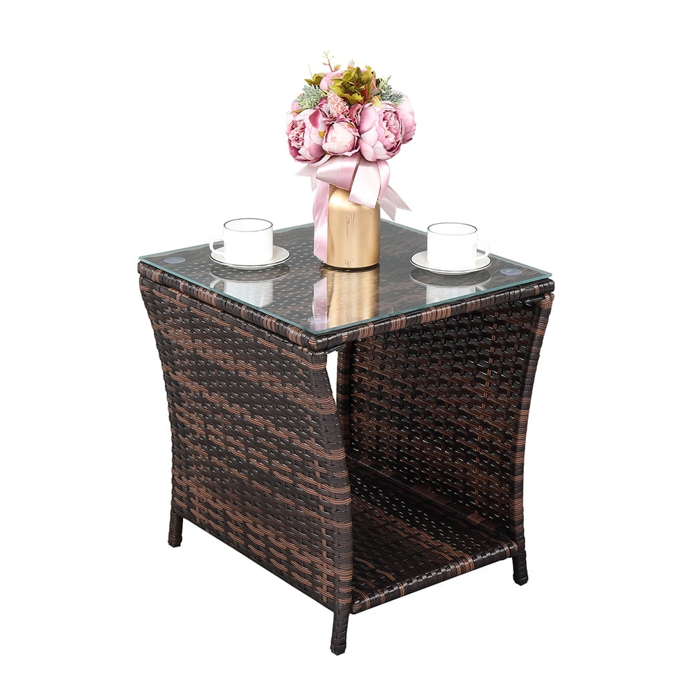 Elladera Side Table Porch Square Side Coffee Table with Glass Top, Rattan End Table