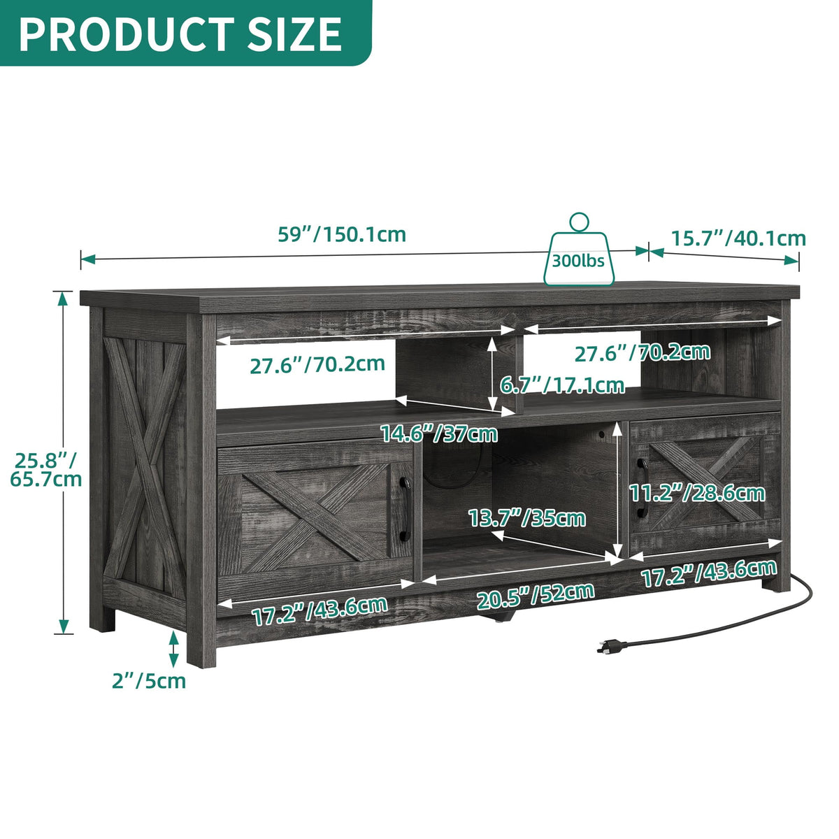 Elladera Dextrus Farmhouse TV Stand up to 65 inch with Power Outlet, Media Console